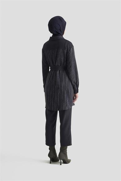 Dokuma Pullu Garnili Pantolonlu İkili Takım Lacivert 25KT664