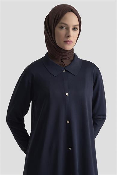 Düğme Detaylı Gömlek Yaka Triko Tunik Lacivert 25YTD4115