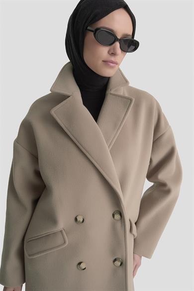 Düğmeli Cepli Kaşe Kaban Vizon 25KT747