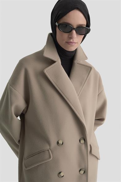 Düğmeli Cepli Kaşe Kaban Vizon 25KT747