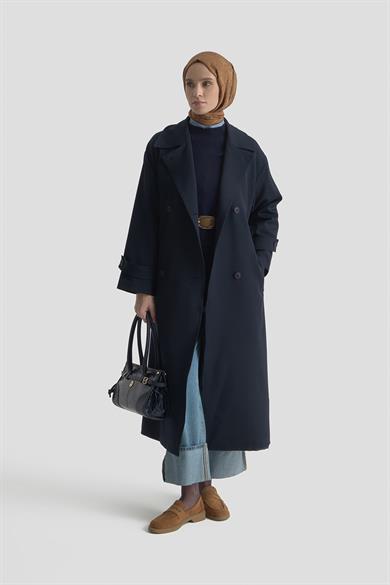Düğmeli Cepli Kemerli Trençkot Lacivert 25KT802