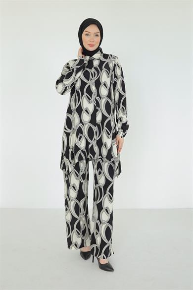 Düğmeli Desenli Pantolonlu İkili Takım-Siyah 25YT609