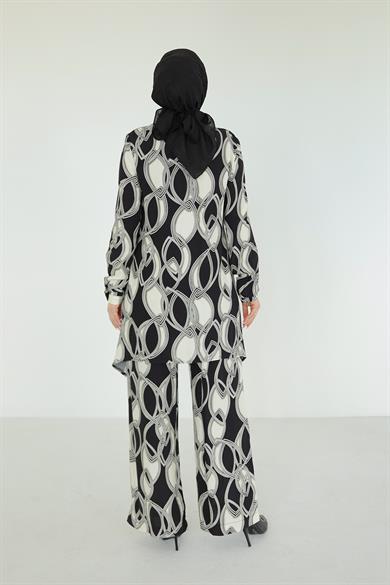 Düğmeli Desenli Pantolonlu İkili Takım-Siyah 25YT609