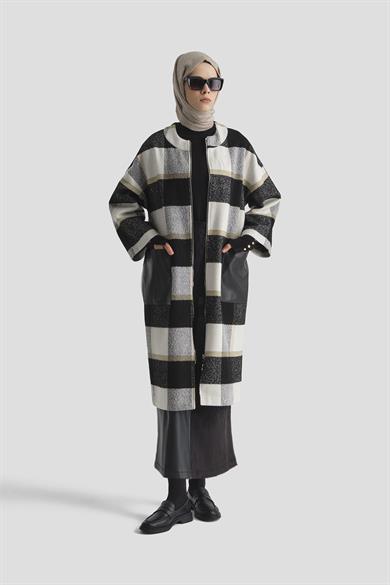 Ekose Kumaş Deri Cep Detaylı Astarlı Ceket Siyah 24KT557