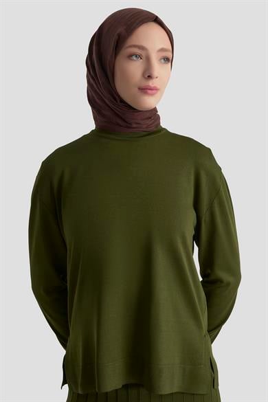Eteği Çizgi Detaylı Triko İkili Takım Haki 25KT601