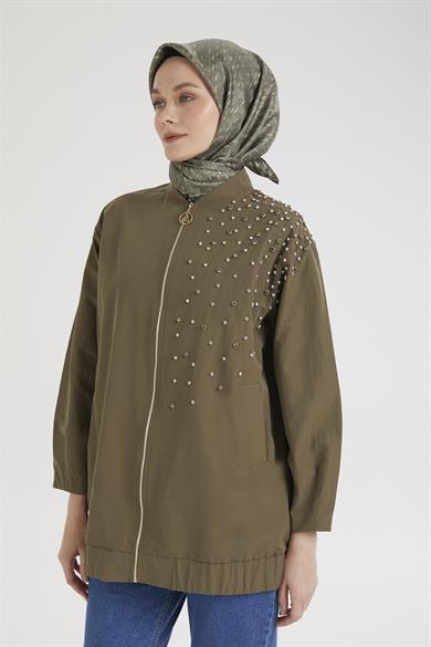 Eteği Lastikli Fermuarlı ve Taş Detaylı Ceket Zeytin Yeşili 25KT518