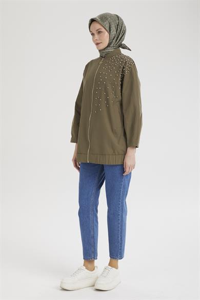 Eteği Lastikli Fermuarlı ve Taş Detaylı Ceket Zeytin Yeşili 25KT518