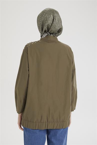 Eteği Lastikli Fermuarlı ve Taş Detaylı Ceket Zeytin Yeşili 25KT518