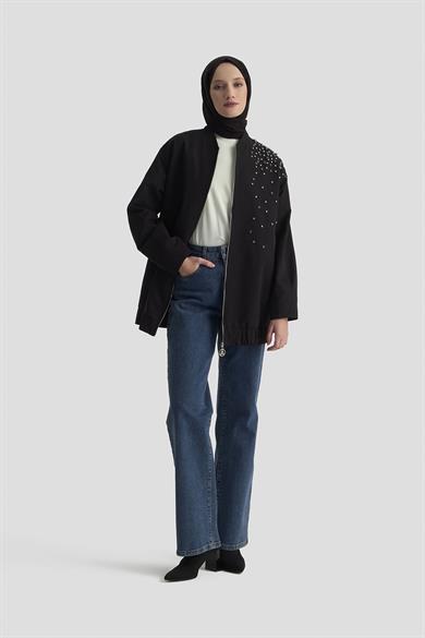 Eteği Lastikli Fermuarlı ve Taş Detaylı Ceket Siyah 25KT518