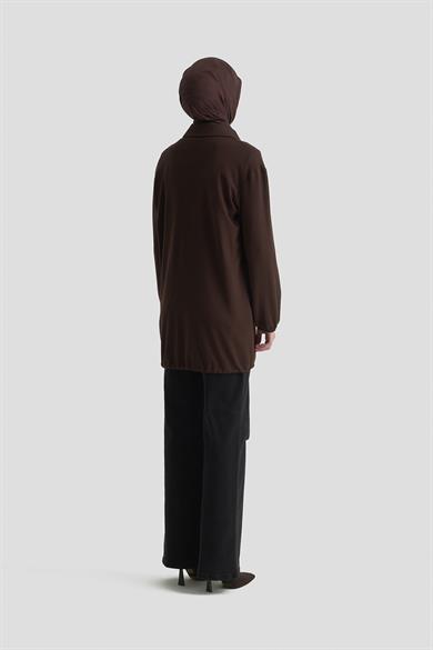 Etek Ucu Lastikli Çıtçıtlı Gömlek Yaka Tunik Kahverengi 25KT422