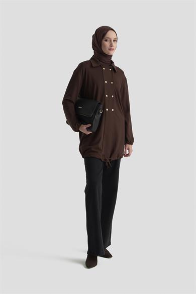 Etek Ucu Lastikli Çıtçıtlı Gömlek Yaka Tunik Kahverengi 25KT422