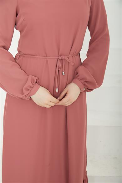 Etek Ucu Tül Desenli Fermuarlı Elbise-Pink-25YT924