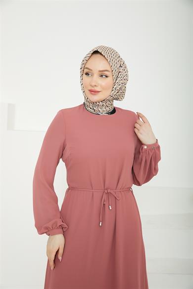 Etek Ucu Tül Desenli Fermuarlı Elbise-Pink-25YT924