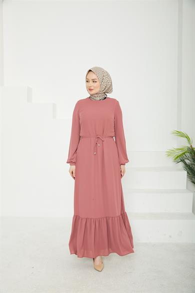 Etek Ucu Tül Desenli Fermuarlı Elbise-Pink-25YT924