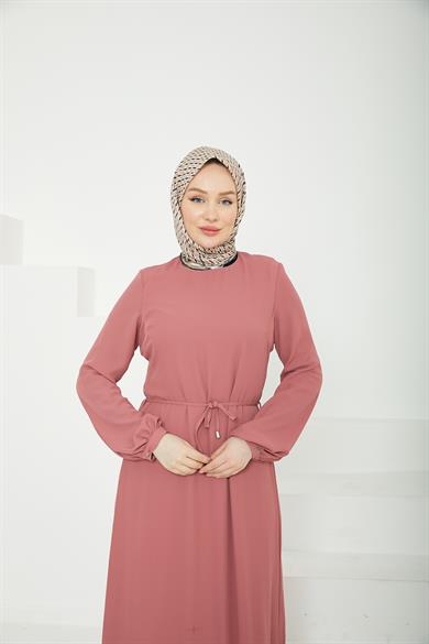 Etek Ucu Tül Desenli Fermuarlı Elbise-Pink-25YT924
