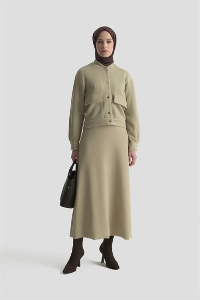 Fitilli Ceketi Simli Çıt Çıtlı Etekli İkili Takım Bej 25KT644