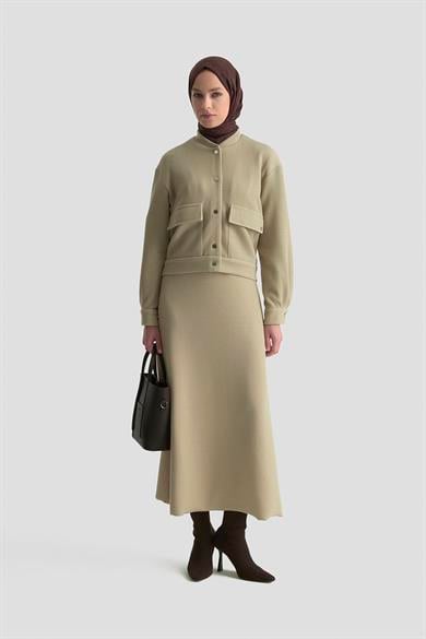 Fitilli Ceketi Simli Çıt Çıtlı Etekli İkili Takım Bej 25KT644