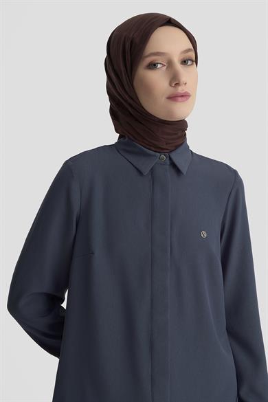 Gizli Düğmeli Kol Detaylı Gömlek Yakalı Tunik İndigo 25YT4158