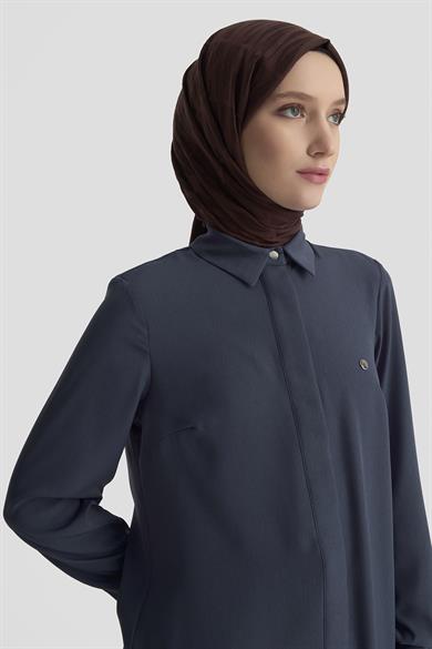 Gizli Düğmeli Kol Detaylı Gömlek Yakalı Tunik İndigo 25YT4158