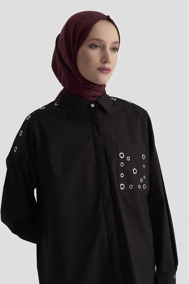 Gizli Düğmeli Kuşgözü Detaylı Gömlek Siyah 25KT420