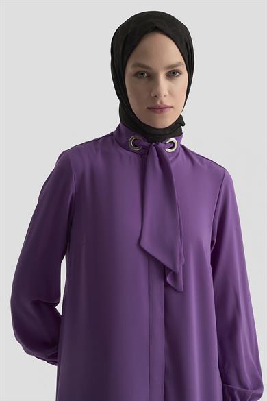 Gizli Düğmeli Yakası Kurdele Detaylı Tunik Açık Mor 25YT450