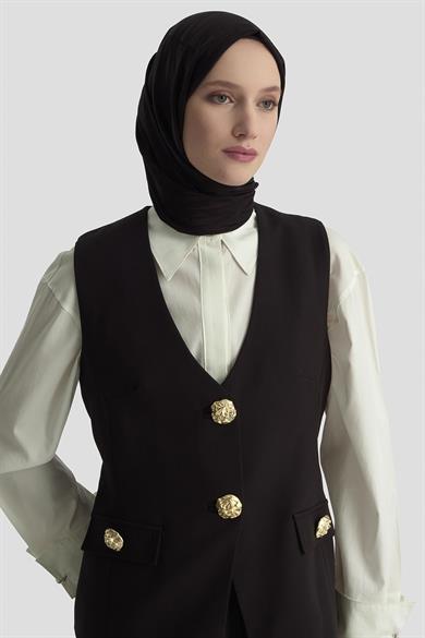 Gold Düğmeli Cep Detaylı Pilise Etekli Yelekli İkili Takım-Siyah 25KT643