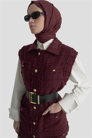 Gold Düğmeli Cepli Gömlek Yakalı Yelek Bordo 25KT516
