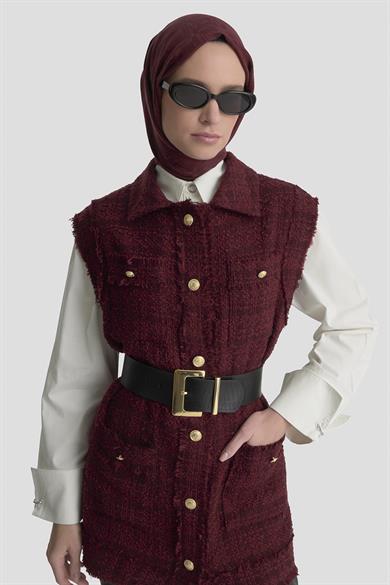 Gold Düğmeli Cepli Gömlek Yakalı Yelek Bordo 25KT516