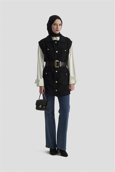 Gold Düğmeli Cepli Gömlek Yakalı Yelek Siyah 25KT516