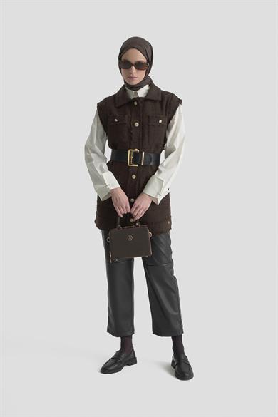 Gold Düğmeli Cepli Gömlek Yakalı Yelek Kahverengi 25KT516