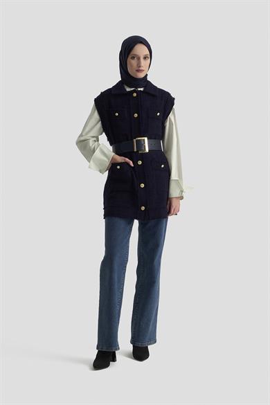 Gold Düğmeli Cepli Gömlek Yakalı Yelek Lacivert 25KT516