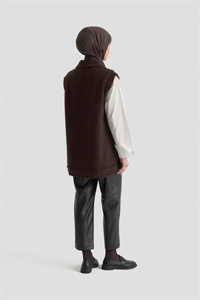 Gold Düğmeli Cepli Gömlek Yakalı Yelek Kahverengi 25KT516