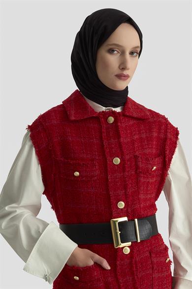 Gold Düğmeli Cepli Gömlek Yakalı Yelek Kırmızı 25KT516