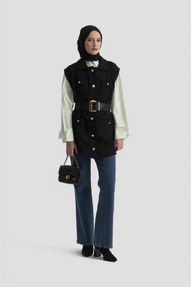 Gold Düğmeli Cepli Gömlek Yakalı Yelek Siyah 25KT516