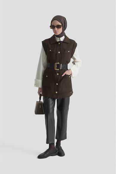 Gold Düğmeli Cepli Gömlek Yakalı Yelek Kahverengi 25KT516