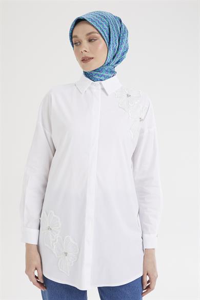 Gömlek Yaka Çiçek Taş Desenli Tunik-Ekru 25YT312