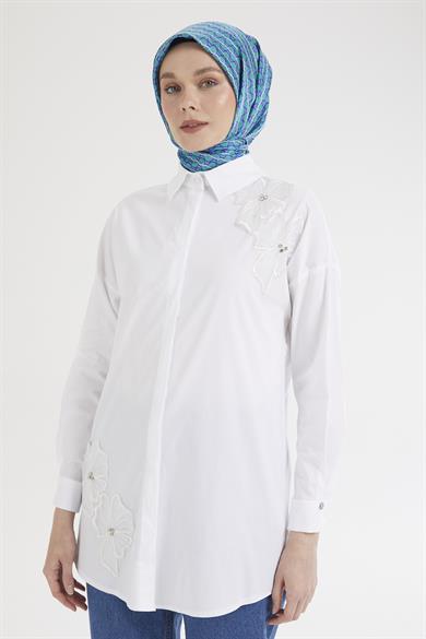 Gömlek Yaka Çiçek Taş Desenli Tunik-Ekru 25YT312