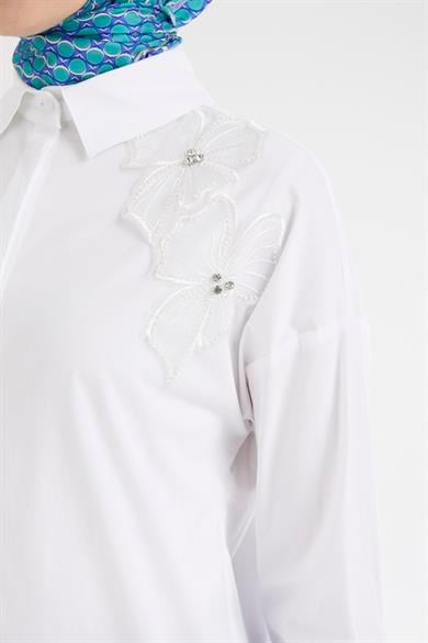 Gömlek Yaka Çiçek Taş Desenli Tunik-Ekru 25YT312