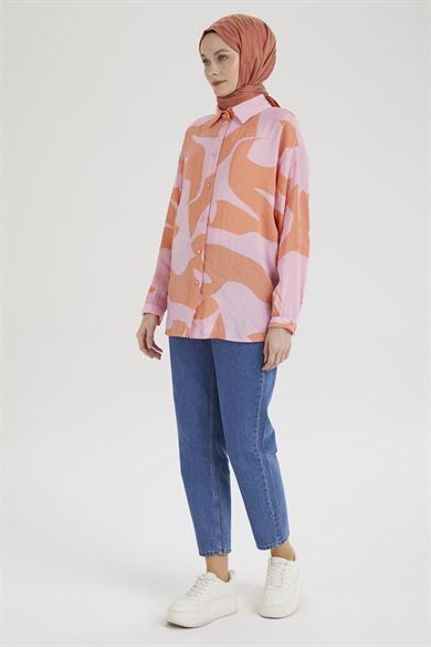 Gömlek Yaka Düğmeli Basic Tunik-Pembe 25YT487
