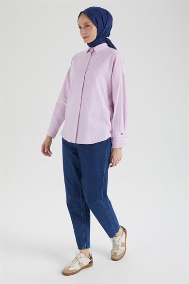 Gömlek Yaka Düğmeli Yanları Çıt Çıt Detaylı Tunik-Pembe 25YT4103