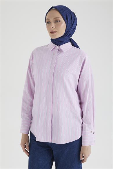Gömlek Yaka Düğmeli Yanları Çıt Çıt Detaylı Tunik-Pembe 25YT4103