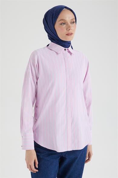 Gömlek Yaka Düğmeli Yanları Çıt Çıt Detaylı Tunik-Pembe 25YT4103