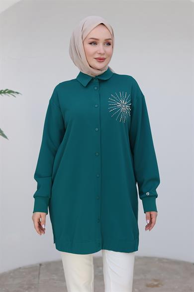 Gömlek Yakalı Çıt Çıt Düğmeli Taş Desenli Tunik-Zümrüt 24KT469