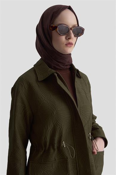 Kabartma Desenli Belden Sıkmalı Fermuarlı Cepli Ceket Yağ Yeşili 25KT525