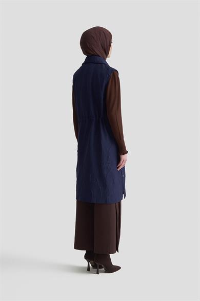 Kabartma Desenli Boydan Fermuarlı Yelek Lacivert 25KT526