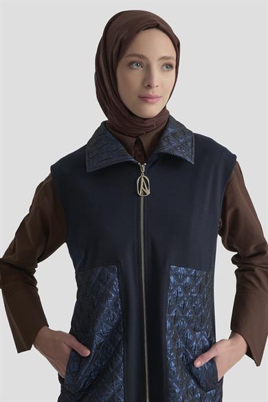 Kabartma Garni Detaylı Fermuarlı Yelek Lacivert 25KT540