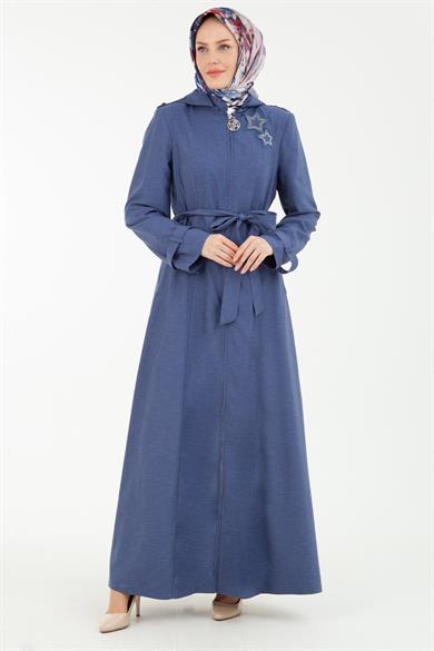 Kapüşonlu Fermuarlı Yıldız Detaylı Pardesü-İndigo 22YT820
