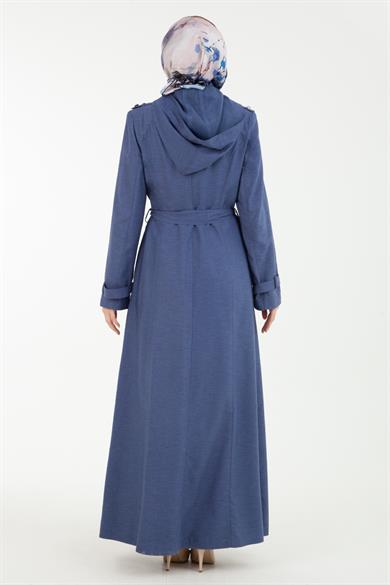 Kapüşonlu Fermuarlı Yıldız Detaylı Pardesü-İndigo 22YT820