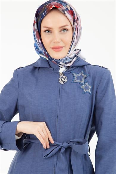 Kapüşonlu Fermuarlı Yıldız Detaylı Pardesü-İndigo 22YT820