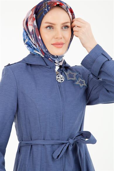 Kapüşonlu Fermuarlı Yıldız Detaylı Pardesü-İndigo 22YT820